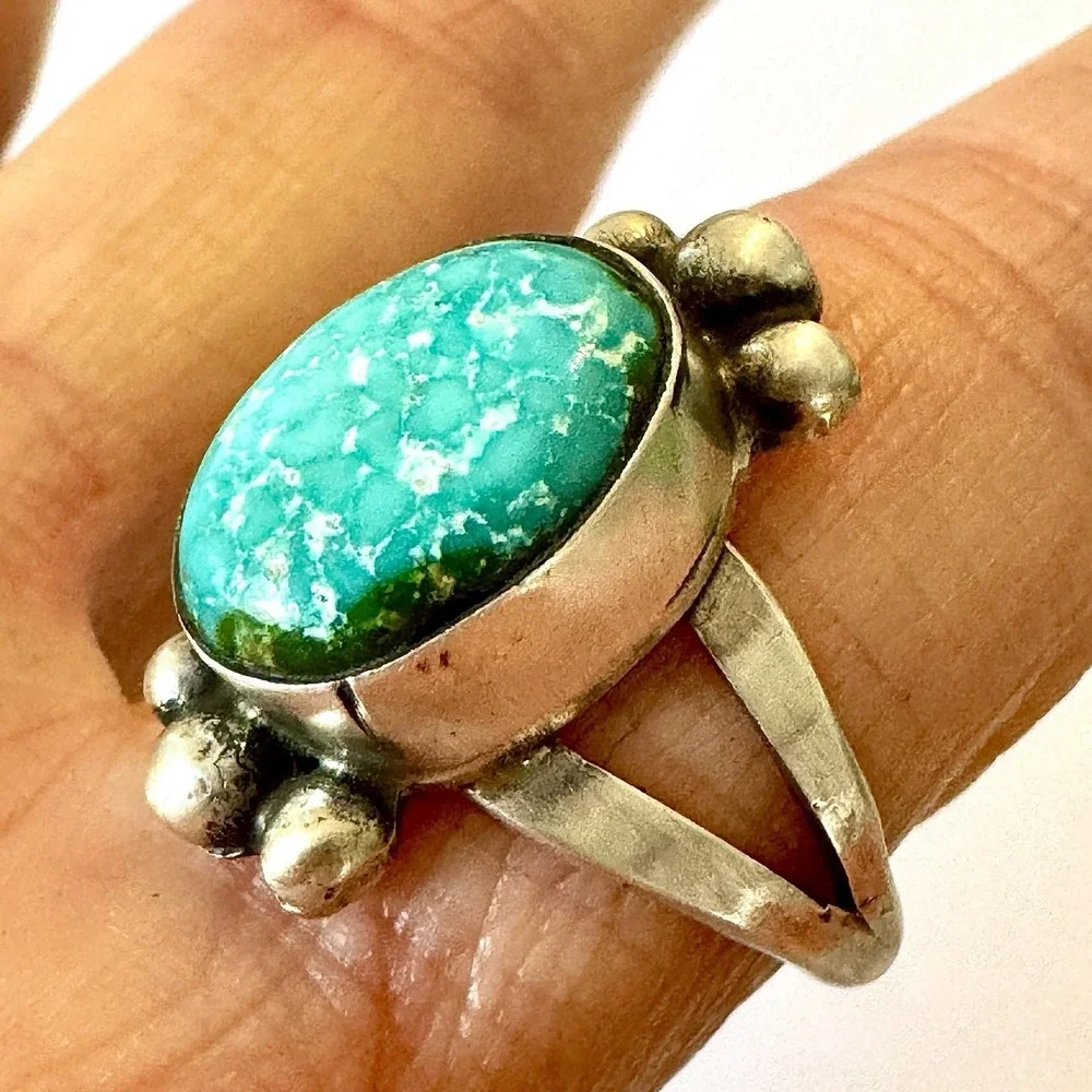 Modern Turquoise Navajo Sonoran Gold Ring Sz 8 Signed Martinez Antiqued Sterling